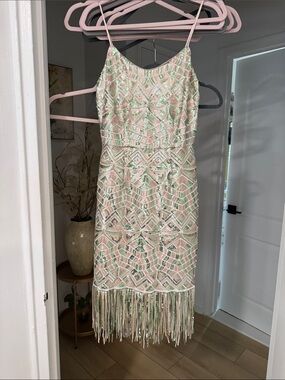 Laundry By Shelli Segal Pale Pink and Mint Beaded Fringe Midi Dress